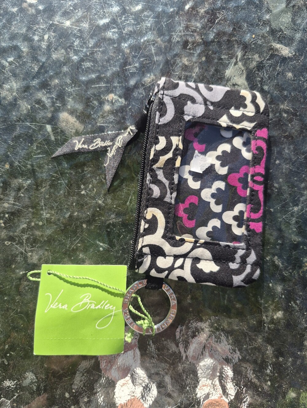Vera Bradley Black and Pink Floral ID Zip Card Case with Key Ring
